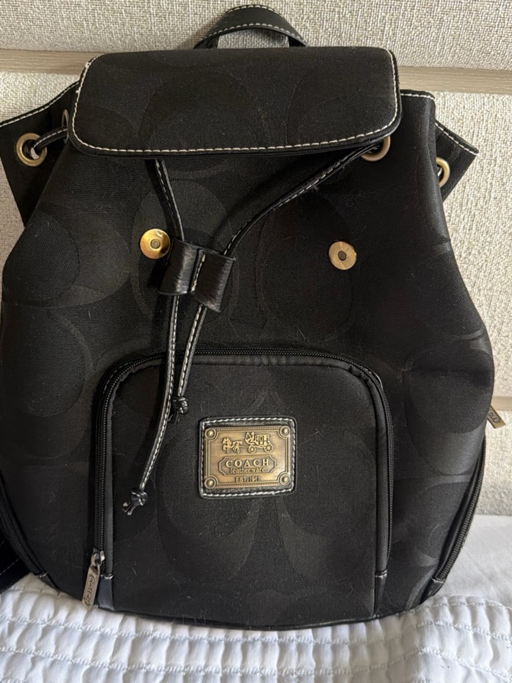 Coach Black Signature Logo Drawstring Backpack with Gold Plaque